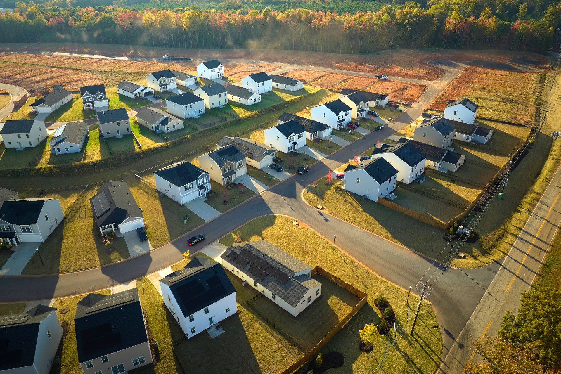 View from above of densely built residential houses in living area in South Carolina. American dream homes as example of real estate development in US suburbs